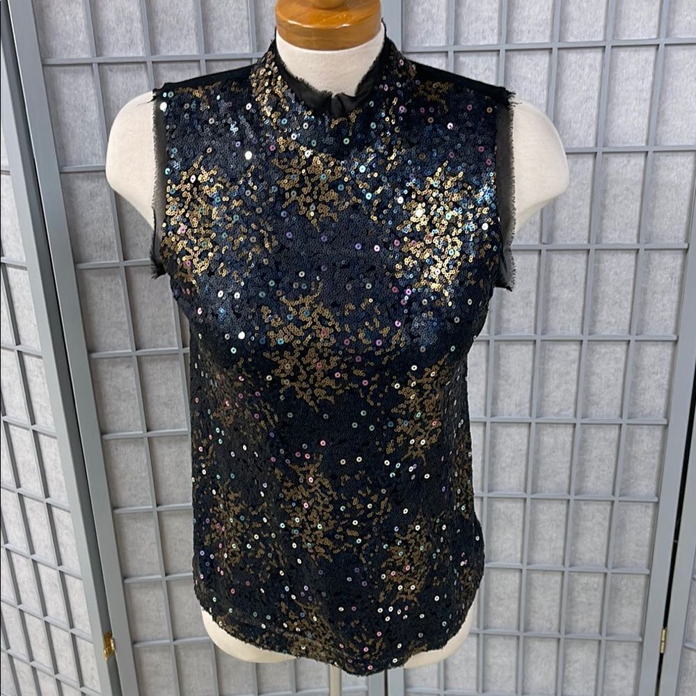Tristan Black and Gold Sequin Sleeveless Blouse, Size Small